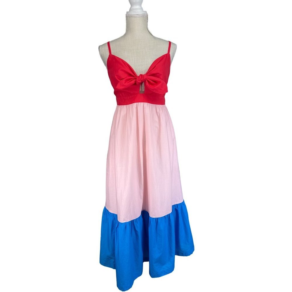 J.Crew Midi Dress Womens 12 Color Block Tie Front Cutout Empire A-line Pockets